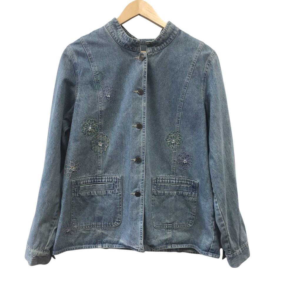 Denim & Co Jacket Womens Large Chambray Floral Blue Embroidered Rhinestones